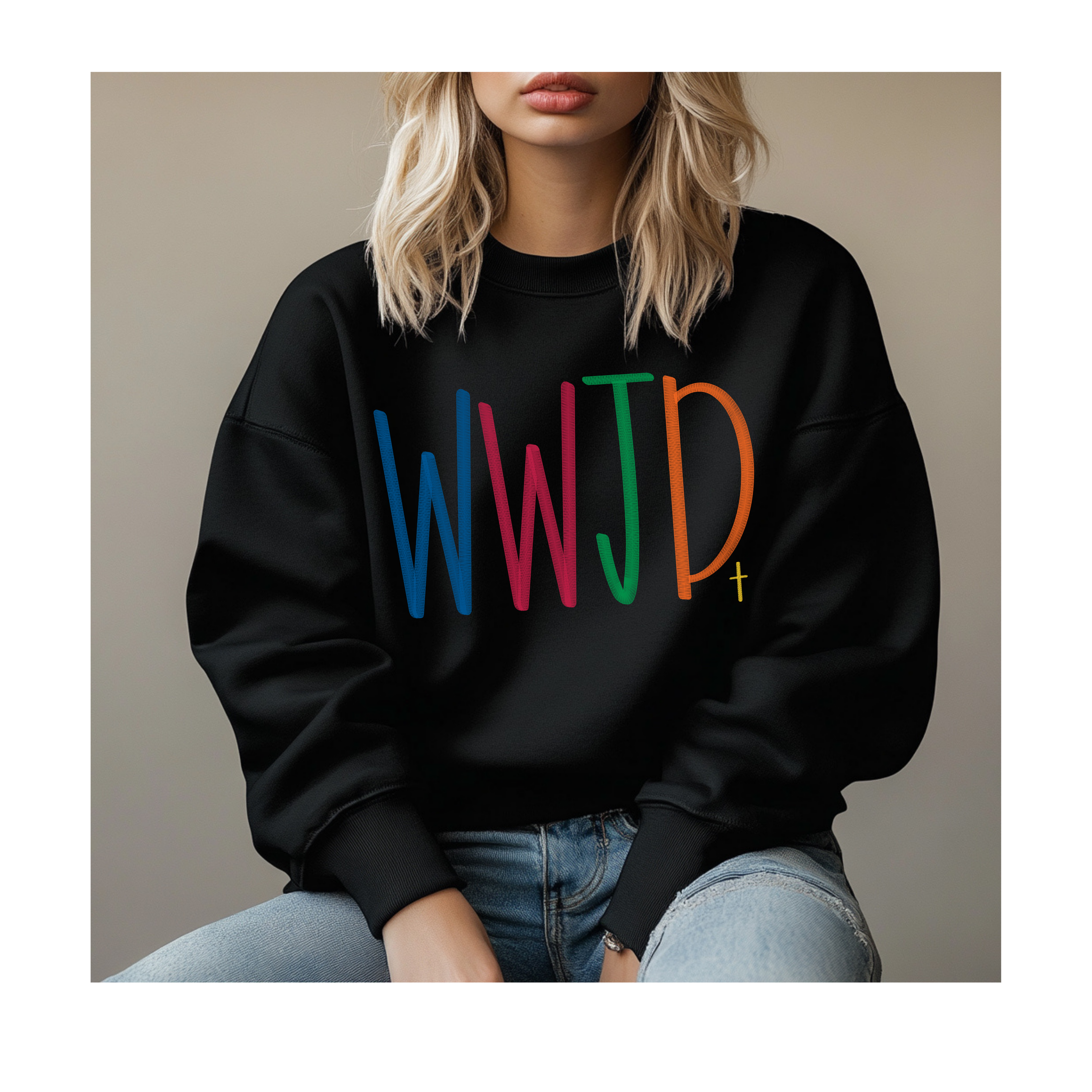 WWJD Embroidered Crewneck Sweatshirt, Colorful Christian Sweatshirt, Faith Based Embroidery, Cozy Christian Gift for Women