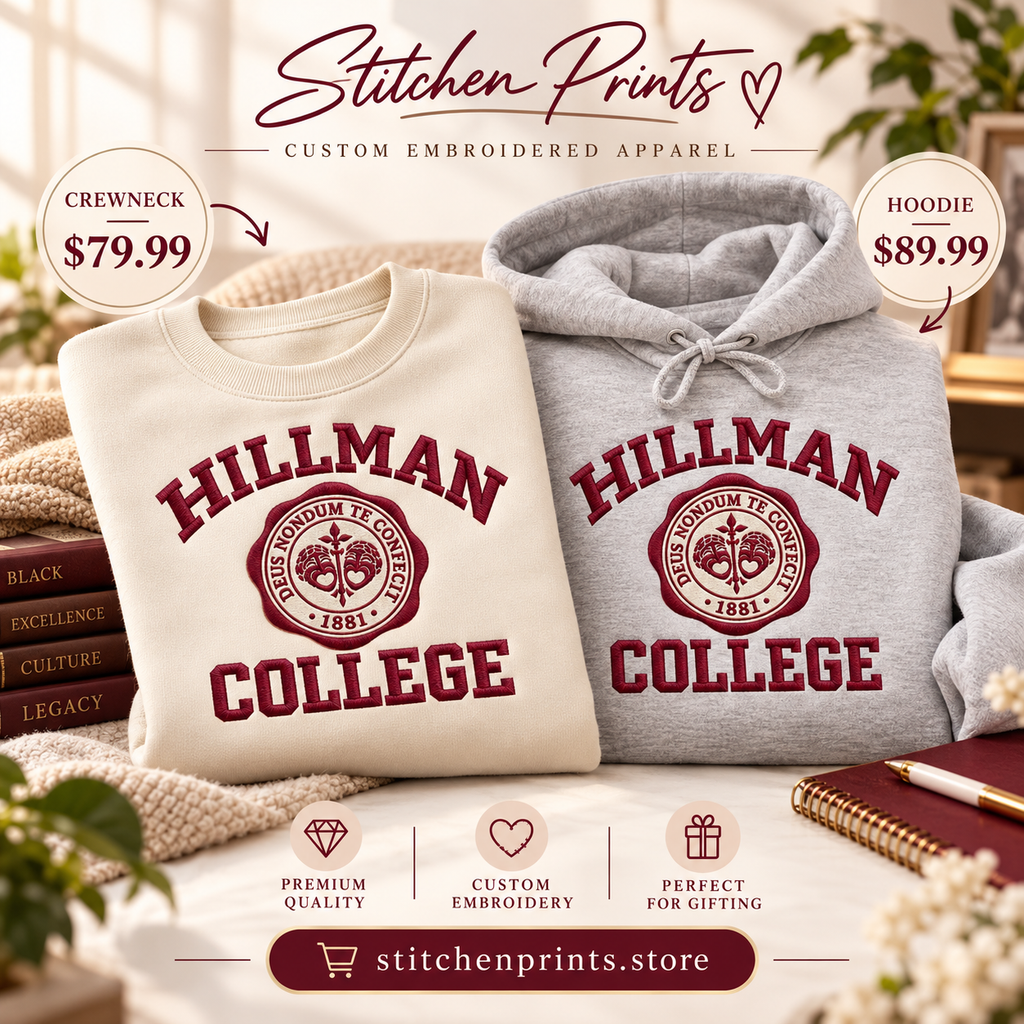 Hillman College Embroidered Sweatshirt & Hoodie | Vintage Collegiate Style