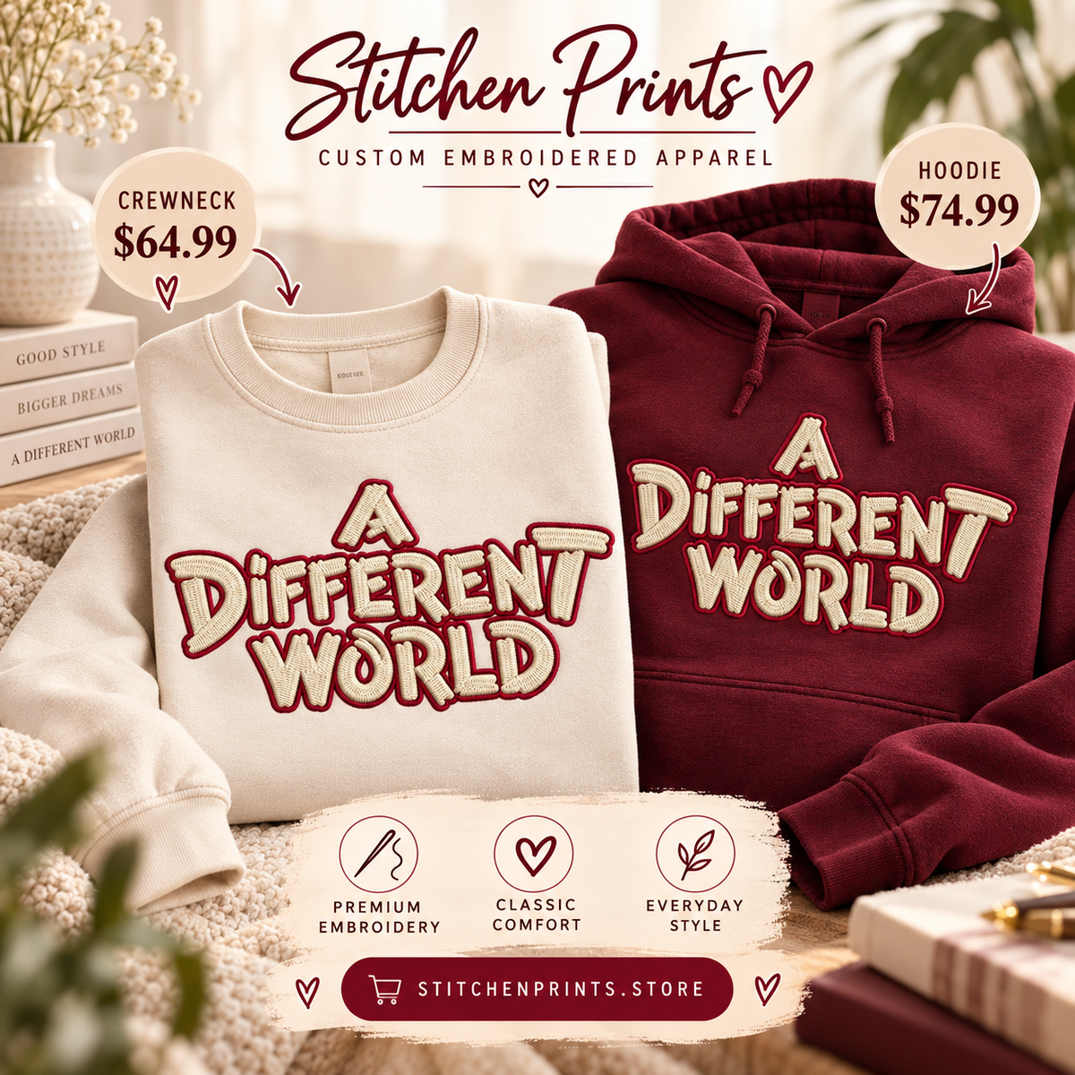 A Different World Embroidered Sweatshirt & Hoodie | Vintage 90s College Style