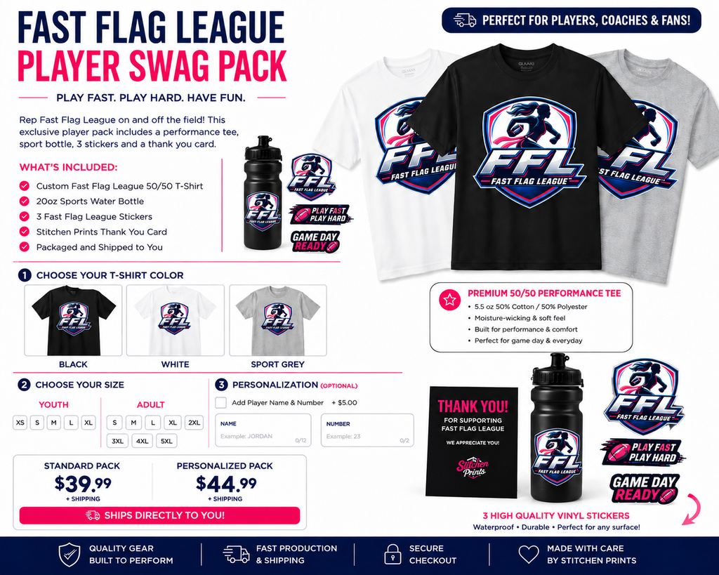 Fast Flag League Player Swag Pack | FFL T-Shirt, Water Bottle & Stickers