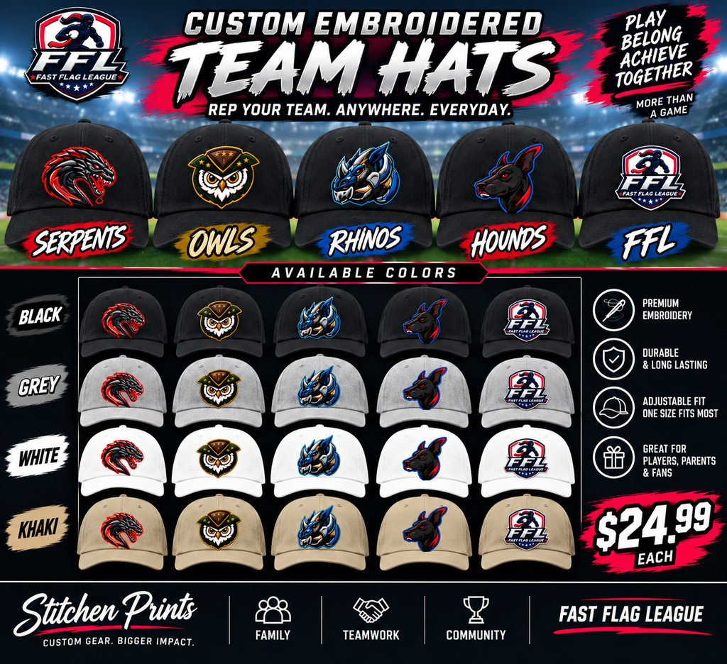 Fast Flag League Custom Embroidered Team Hat | Dragons, Owls, Rhinos, Dogs & FFL