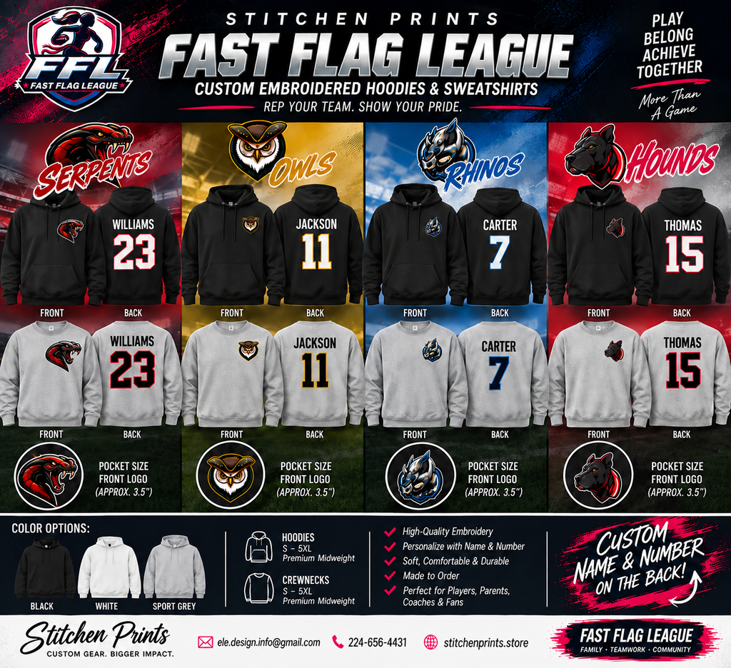 Fast Flag League Custom Embroidered Hoodie & Sweatshirt | Personalized Name & Number