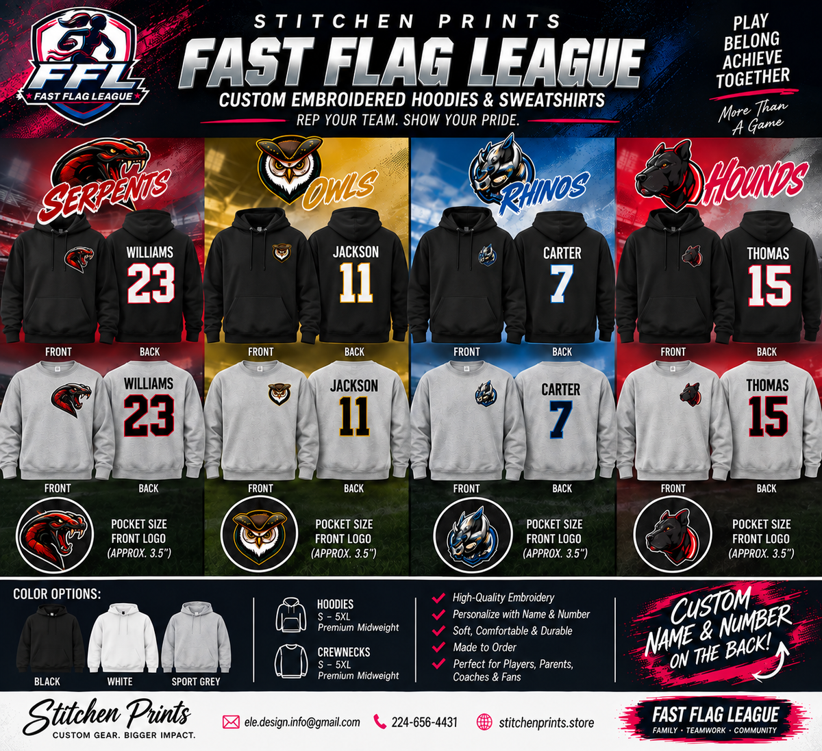 Fast Flag League Custom Embroidered Hoodie & Sweatshirt | Personalized Name & Number