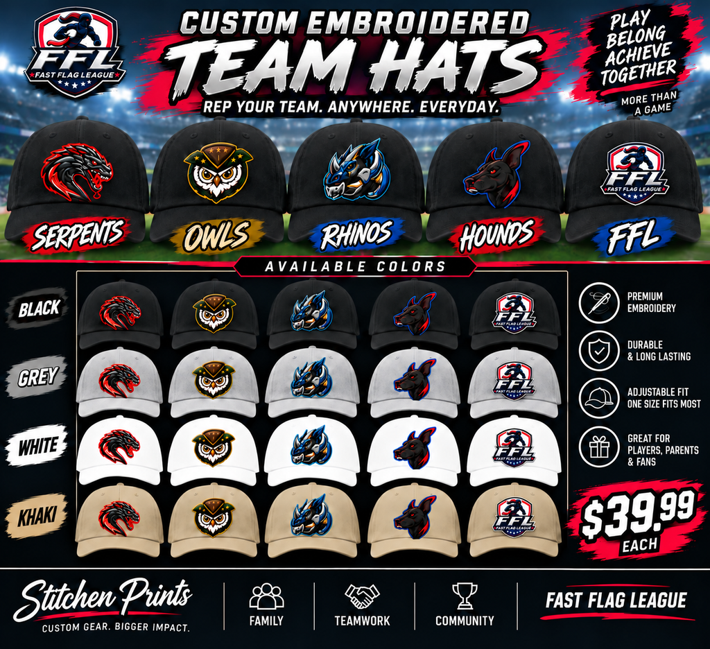 Fast Flag League Custom Embroidered Team Hat | Dragons, Owls, Rhinos, Dogs & FFL