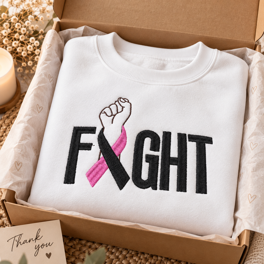 FIGHT Breast Cancer Awareness Embroidered Sweatshirt | Pink Ribbon Cancer Support Shirt