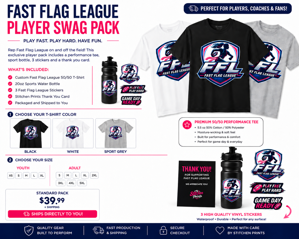 Fast Flag League Player Swag Pack | FFL T-Shirt, Water Bottle & Stickers
