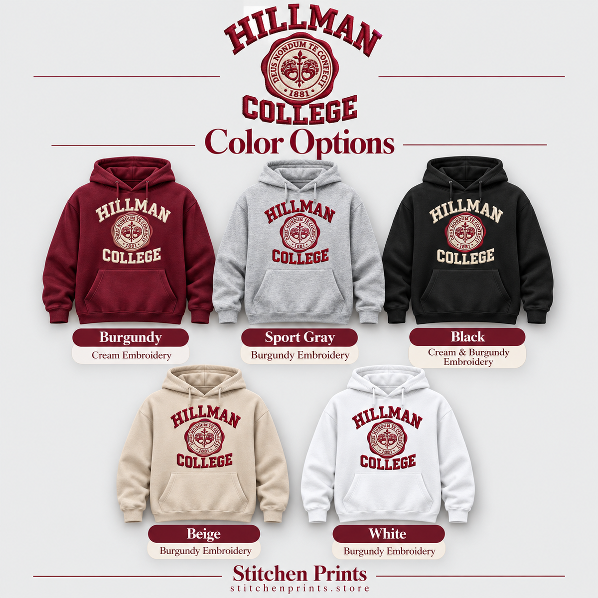 Hillman College Embroidered Sweatshirt & Hoodie | Vintage Collegiate Style