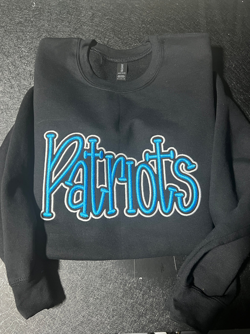 3D Puff Patriots Embroidered Sweatshirt – Premium Crewneck | Blue Black Varsity Style | Custom Sports Fan Apparel