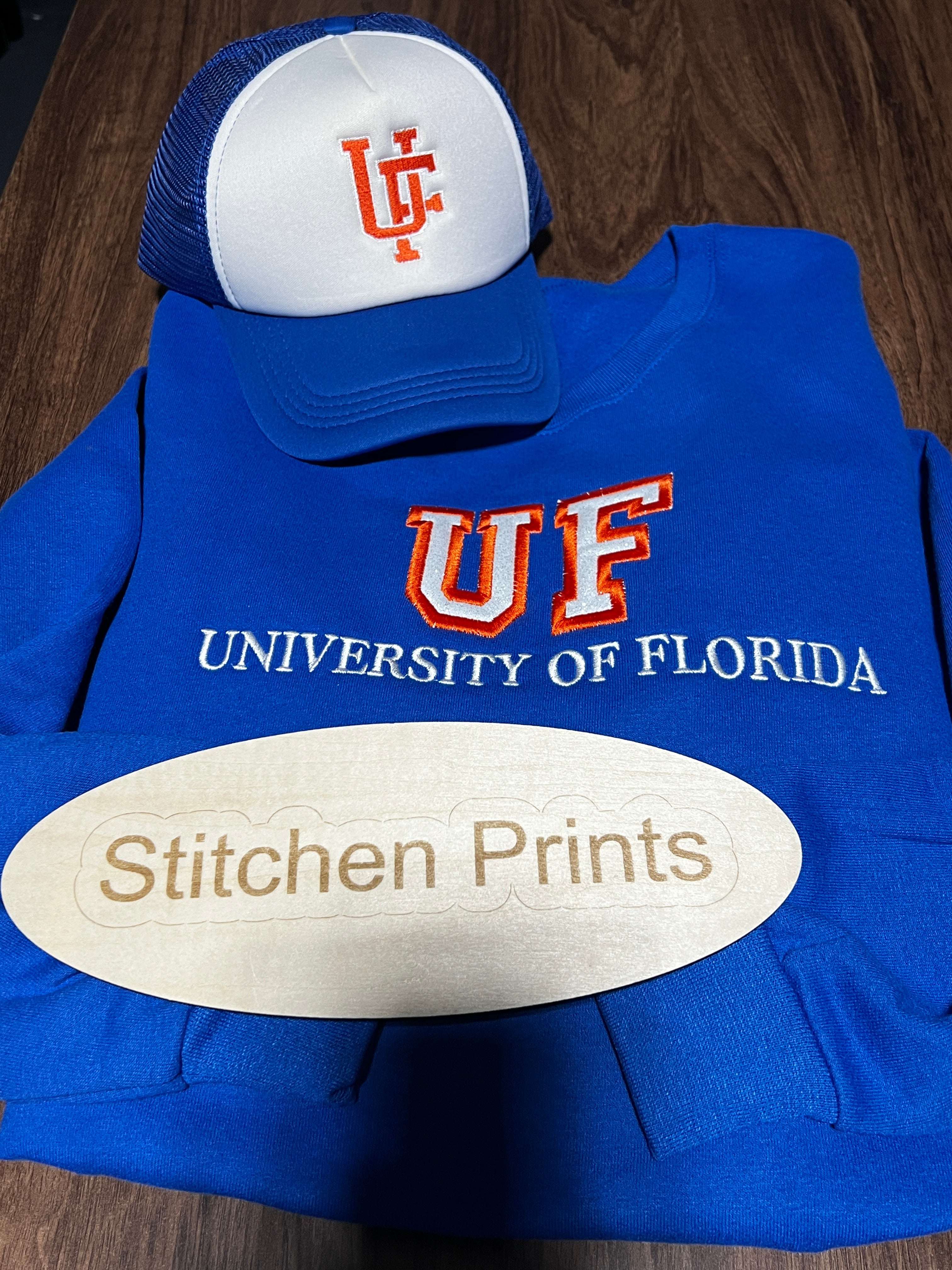 Florida Inspired Embroidered Sweatshirt & Trucker Hat Set | Blue & Orange Game Day Apparel