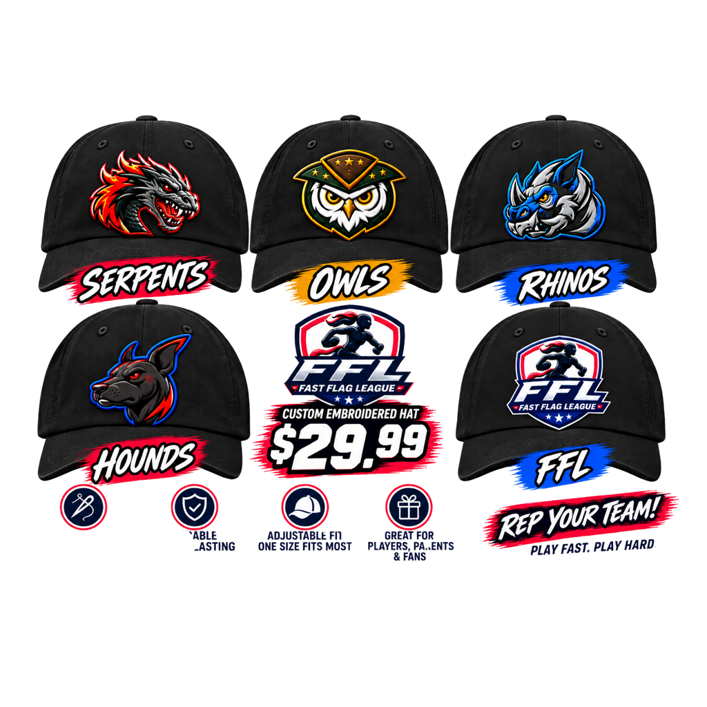 Fast Flag League Custom Embroidered Team Hat | Dragons, Owls, Rhinos, Dogs & FFL