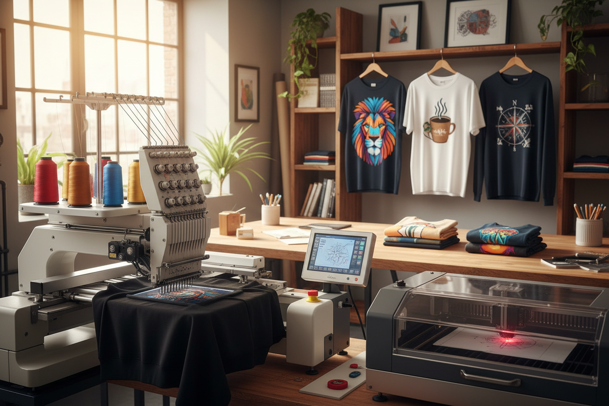 Custom embroidery and DTF printing workspace