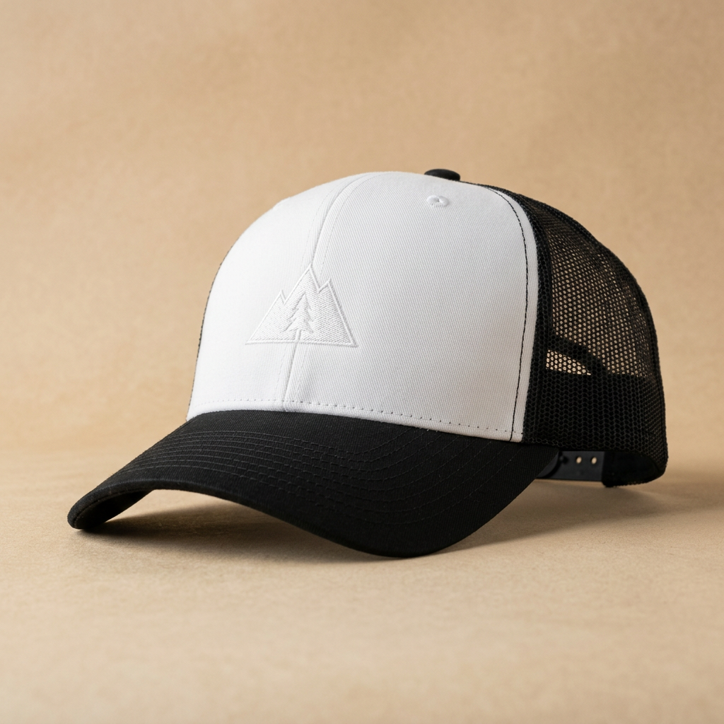 Richardson 112 trucker hat, white front panel with black mesh back, sample tone-on-tone embroidery