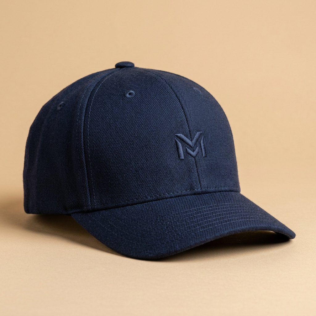 Flexfit 6277 fitted cap in navy, closed stretch-fit back, sample tone-on-tone embroidery