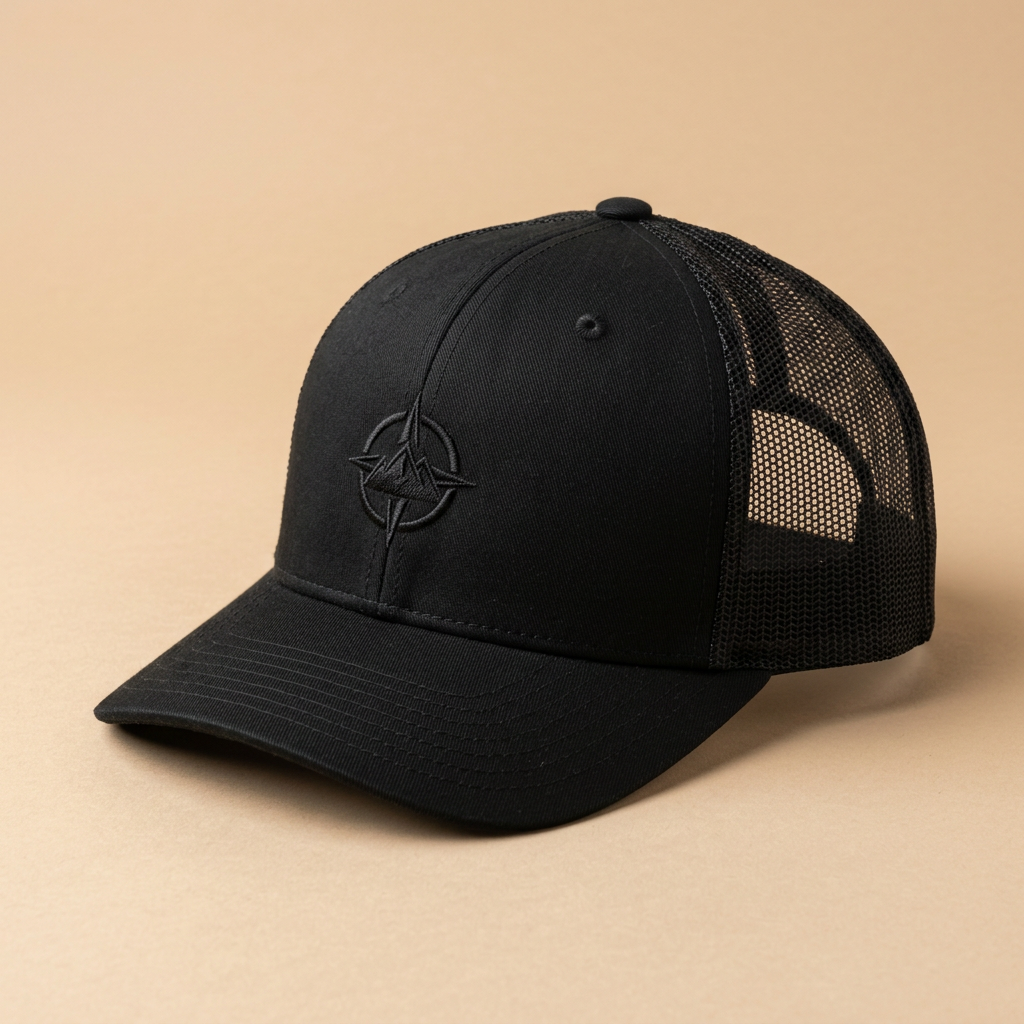 Yupoong 6606 trucker hat in solid black with mesh back, sample tone-on-tone embroidery