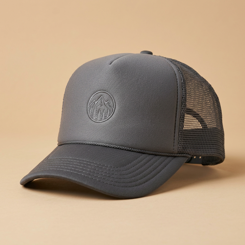 OTTO CAP 39-165 foam trucker hat in gray with mesh back, sample tone-on-tone embroidery