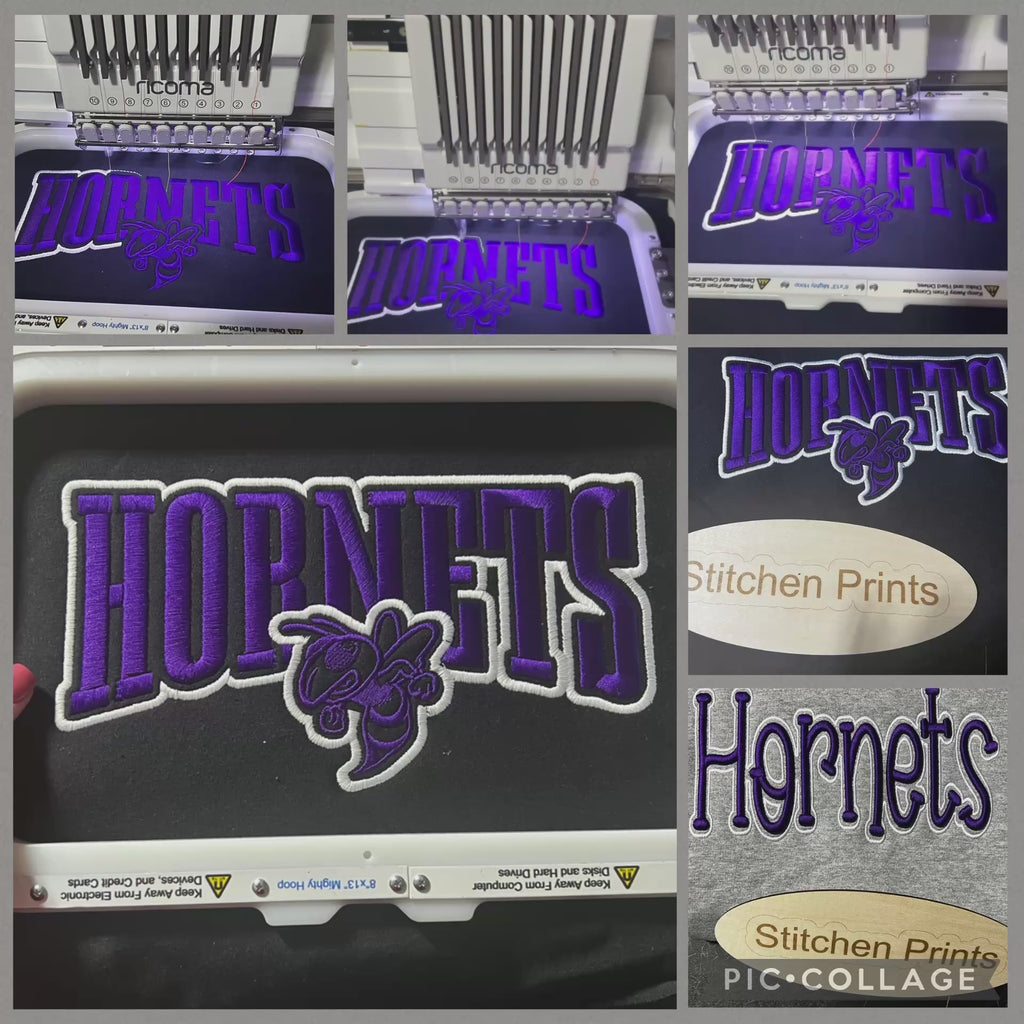 3D Puff Hornets Embroidered Sweatshirt – Premium Crewneck | Custom Sports Spirit Wear | Purple Black Varsity Sweatshirt